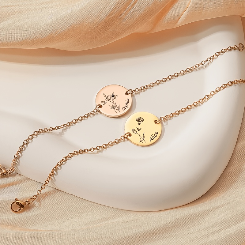 Personalized Birth Flower Bracelet in Stainless Steel